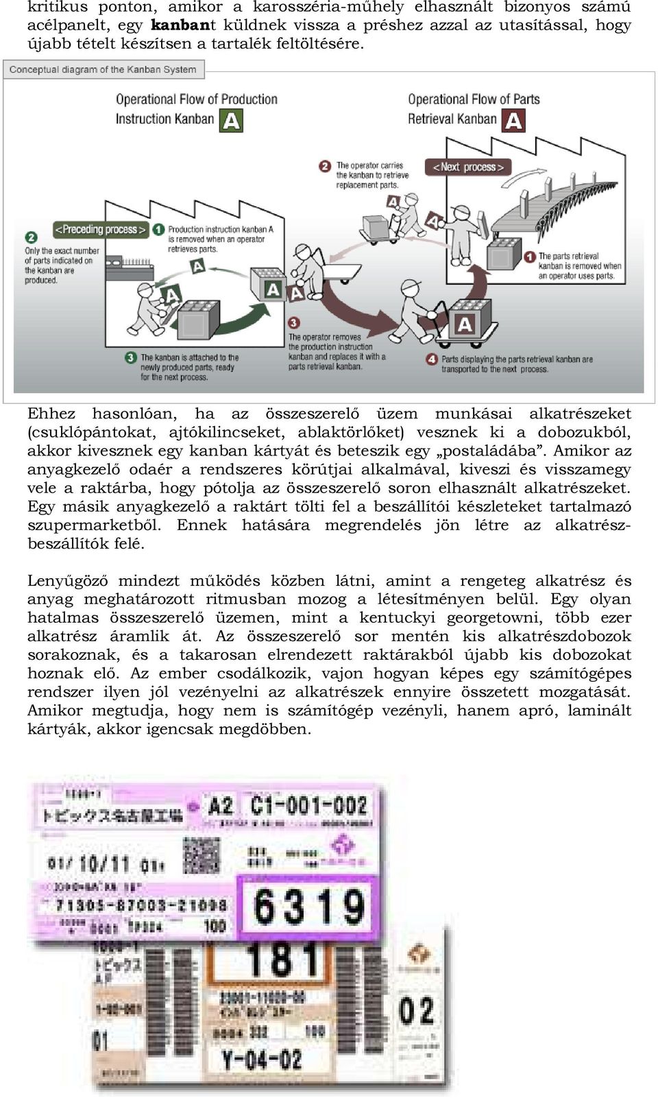 postaládába. Amikor az anyagkezelő odaér a rendszeres körútjai alkalmával, kiveszi és visszamegy vele a raktárba, hogy pótolja az összeszerelő soron elhasznált alkatrészeket.