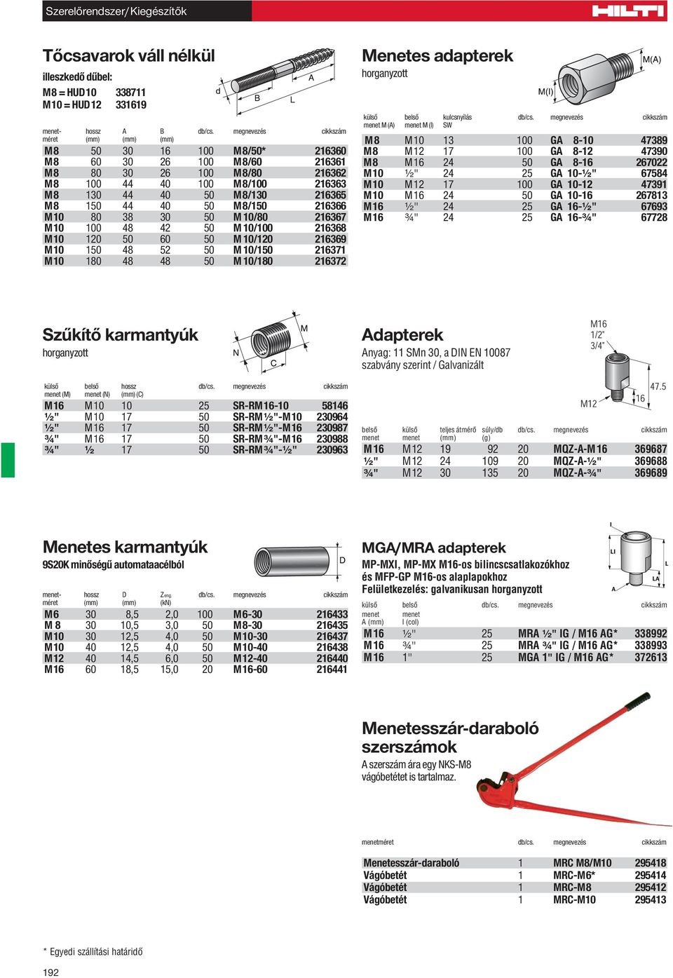 M 10/ 21636 M10 120 60 M 10/120 216369 M10 4 52 M 10/ 216371 M10 10 4 4 M 10/10 216372 horganyzott külsô belsô kulcsnyílás db/cs.