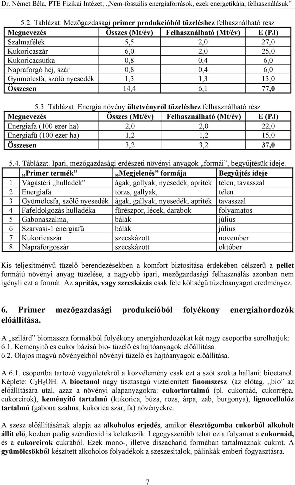 Napraforgó héj, szár 0,8 0,4 6,0 Gyümölcsfa, szőlő nyesedék 1,3 1,3 13,0 Összesen 14,4 6,1 77,0 5.3. Táblázat.