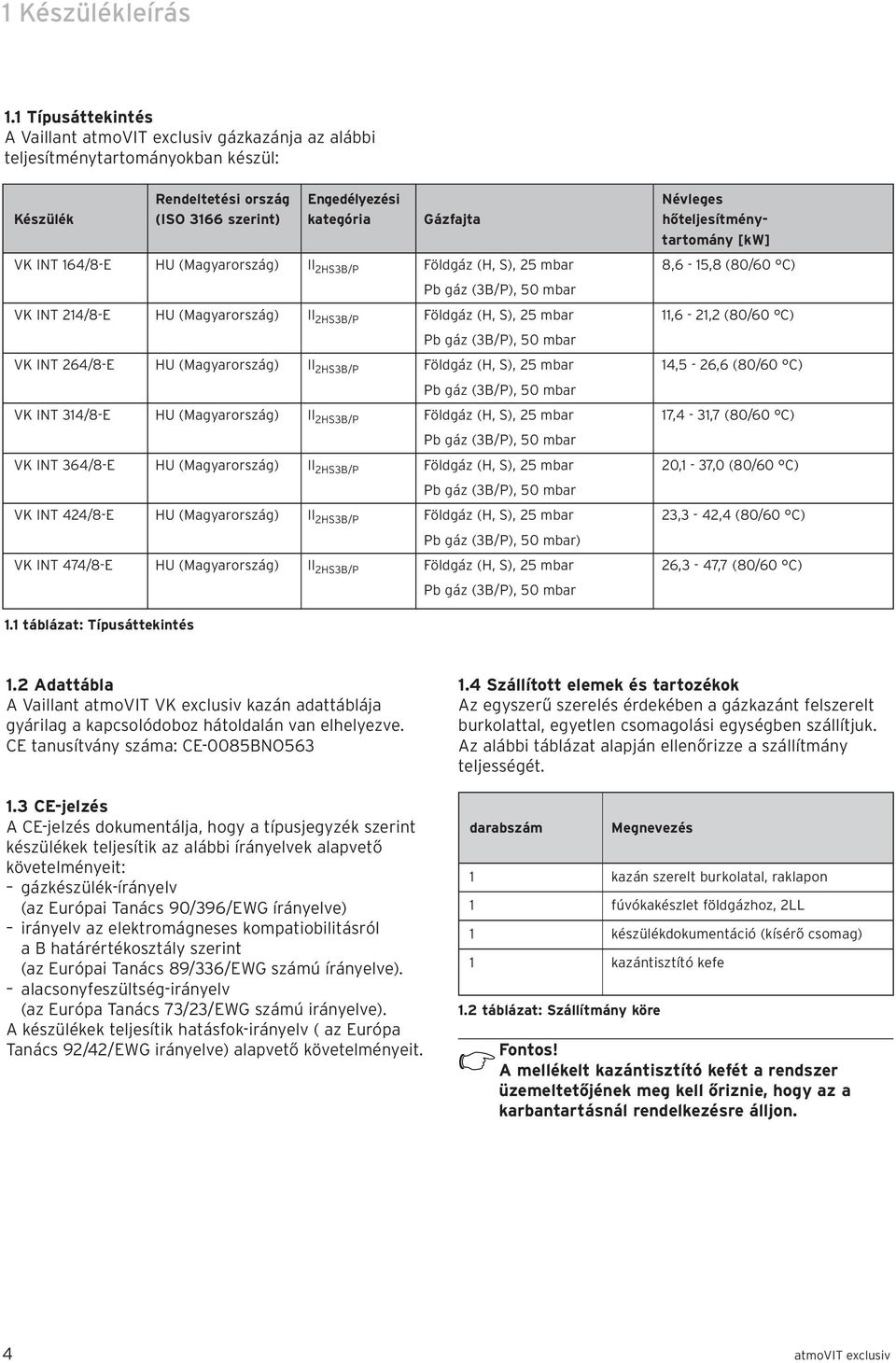 hőteljesítménytartomány [kw] VK INT 164/8-E HU (Magyarország) II 2HS3B/P Földgáz (H, S), 25 mbar 8,6-15,8 (80/60 C) Pb gáz (3B/P), 50 mbar VK INT 214/8-E HU (Magyarország) II 2HS3B/P Földgáz (H, S),