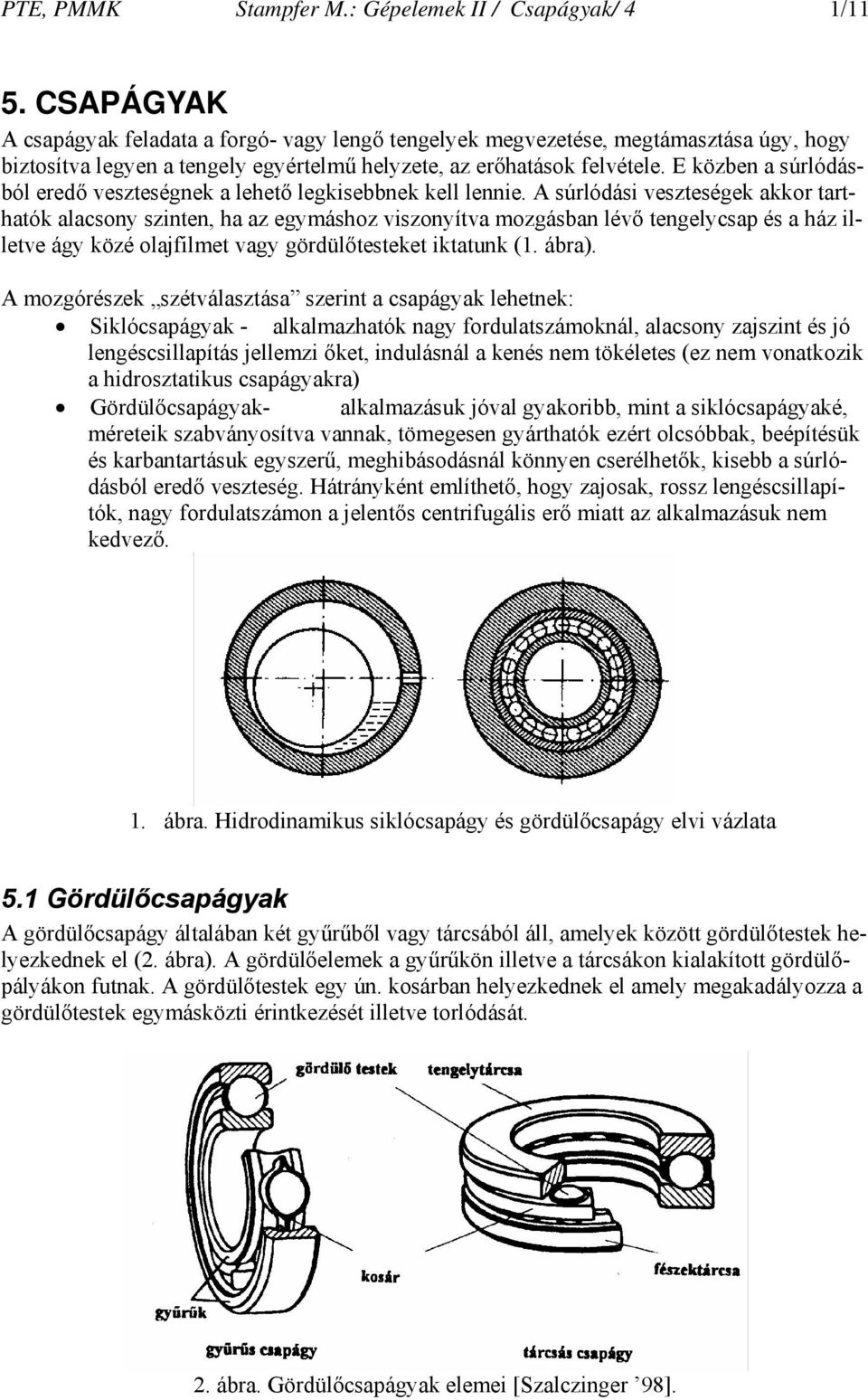 lévő tengelycsa és a ház illetve ágy közé olajfilmet vagy gördülőtesteket iktatunk (1 ábra) A mozgórészek szétválasztása szerint a csaágyak lehetnek: Siklócsaágyak - alkalmazhatók nagy