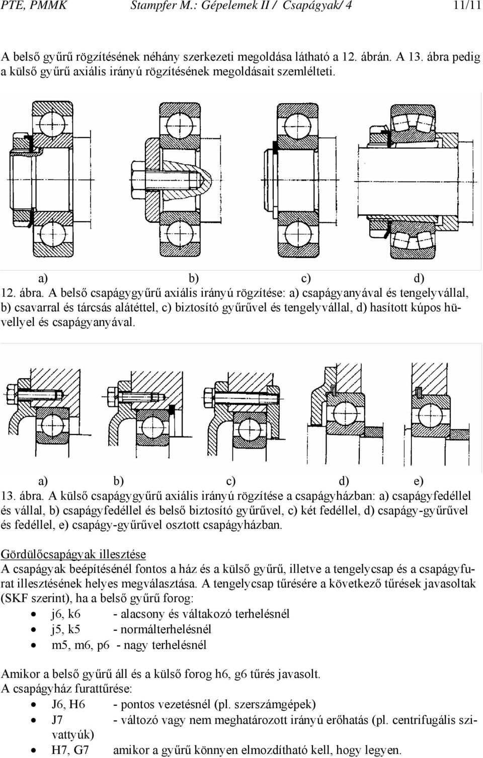 kúos hüvellyel és csaágyanyával a) b) c) d) e) 13 ábra A külső csaágygyűrű axiális irányú rögzítése a csaágyházban: a) csaágyfedéllel és vállal, b) csaágyfedéllel és belső biztosító gyűrűvel, c) két