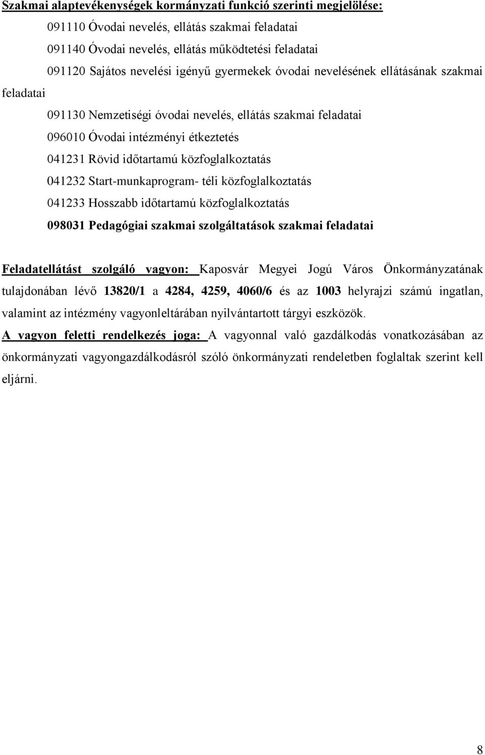 közfoglalkoztatás 041232 Start-munkaprogram- téli közfoglalkoztatás 041233 Hosszabb időtartamú közfoglalkoztatás 098031 Pedagógiai szakmai szolgáltatások szakmai feladatai Feladatellátást szolgáló