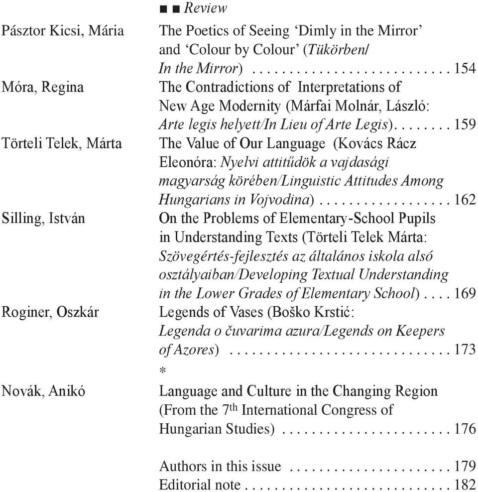 ...159 The Value of Our Language (Kovács Rácz Eleonóra: Nyelvi attitűdök a vajdasági magyarság körében/linguistic Attitudes Among Hungarians in Vojvodina).