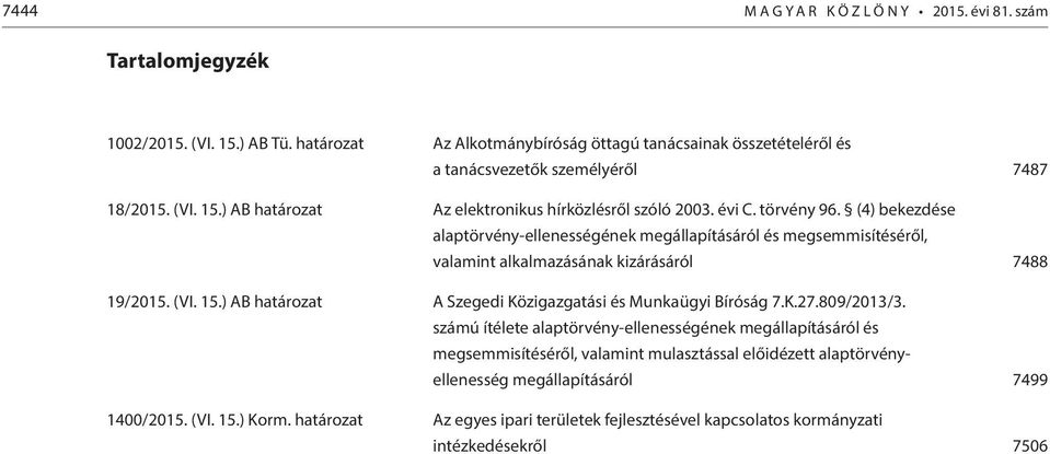 (4) bekezdése alaptörvény-ellenességének megállapításáról és megsemmisítéséről, valamint alkalmazásának kizárásáról 7488 19/2015. (VI. 15.