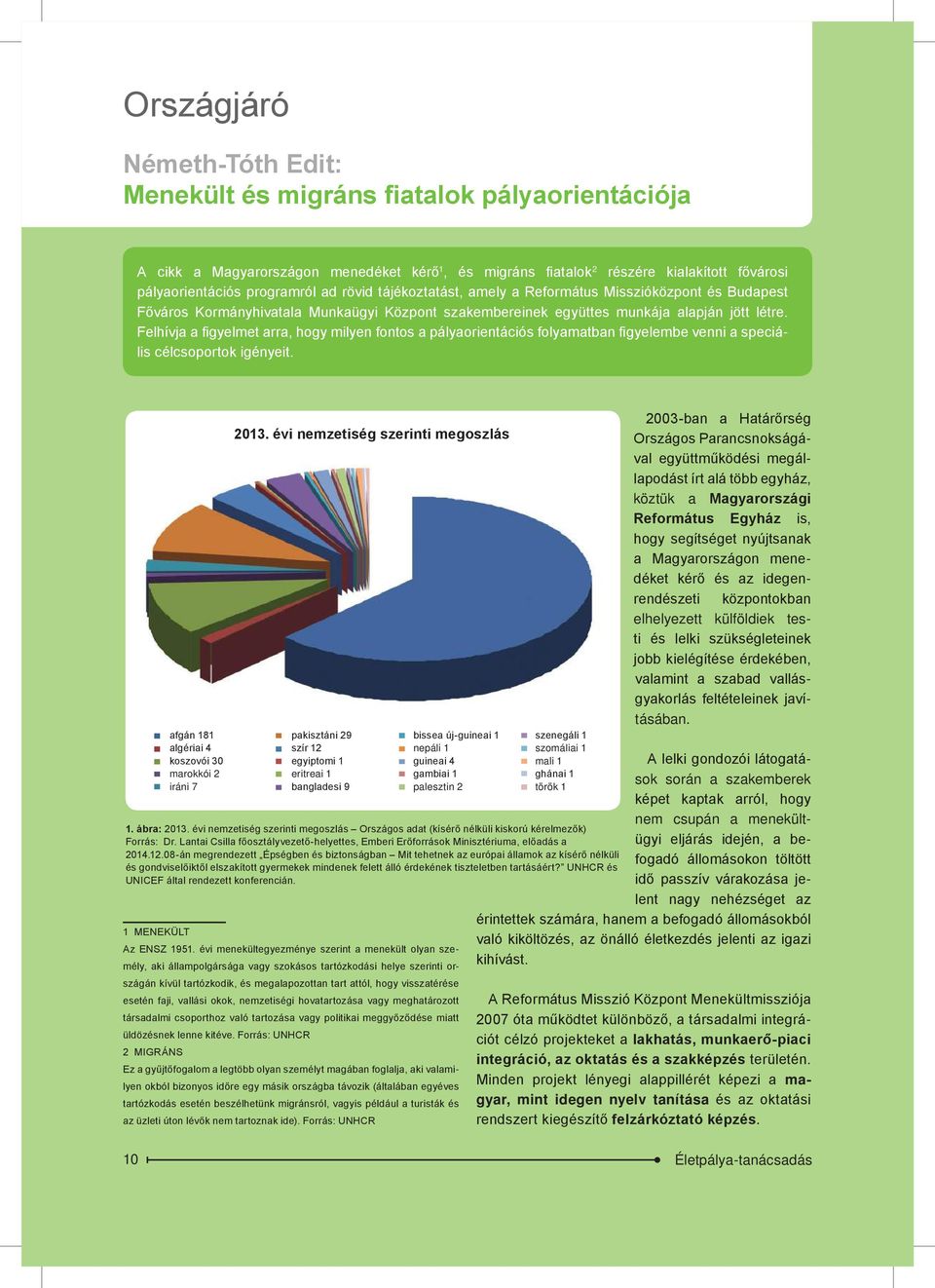 Felhívja a figyelmet arra, hogy milyen fontos a pályaorientációs folyamatban figyelembe venni a speciális célcsoportok igényeit. 1 MENEKÜLT afgán 181 algériai 4 koszovói 30 marokkói 2 iráni 7 2013.