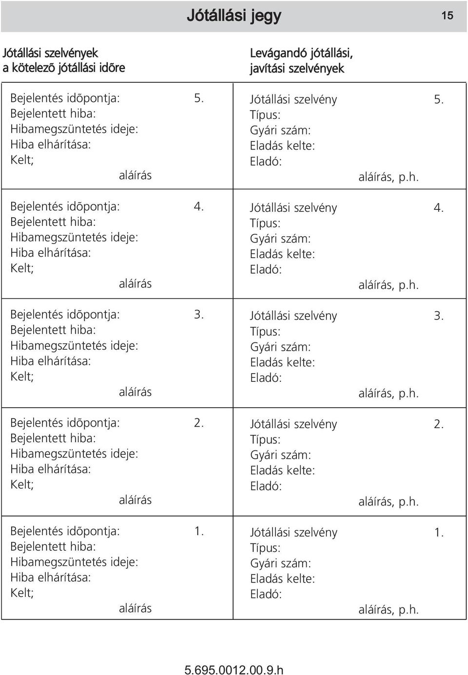 Bejelentett hiba: Hibamegszüntetés ideje: Hiba elhárítása: Kelt; aláírás Bejelentés idõpontja: 1.