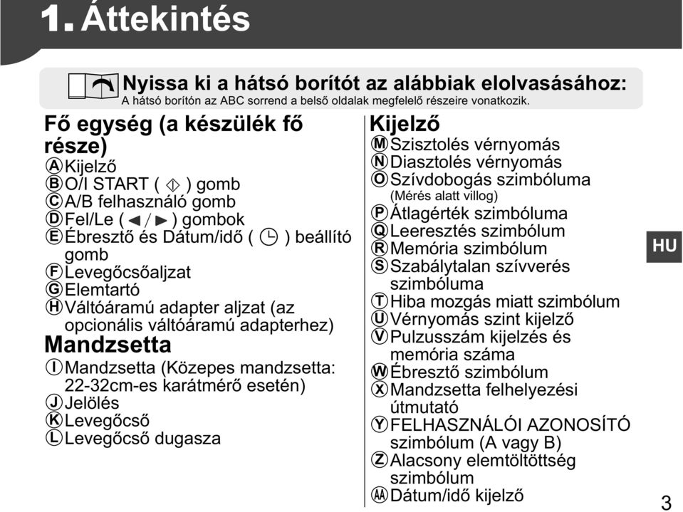 Kijelz ) beállító Mandzsetta (Közepes mandzsetta: 22-32cm-es karátmér esetén) Jelölés Leveg cs Leveg cs dugasza M N O P Q R S T U V W X Y Z AA Szisztolés vérnyomás Diasztolés vérnyomás Szívdobogás