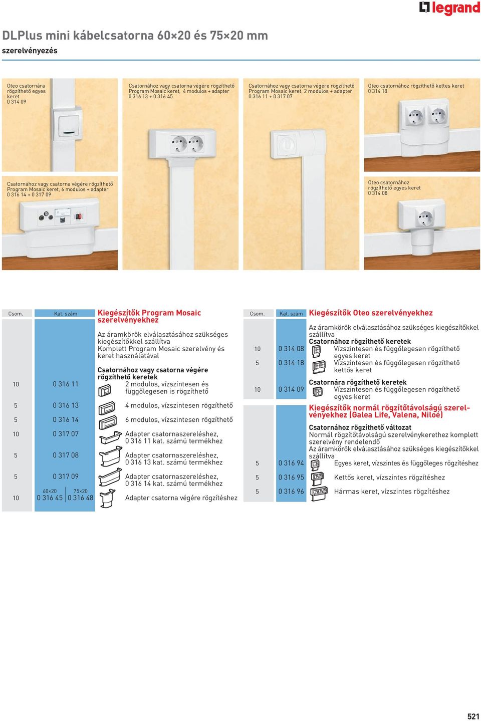 végére rögzíthető Program Mosaic keret, 6 modulos + adapter 0 316 14 + 0 317 09 Oteo csatornához rögzíthető egyes keret 0 314 08 Csom. kat.