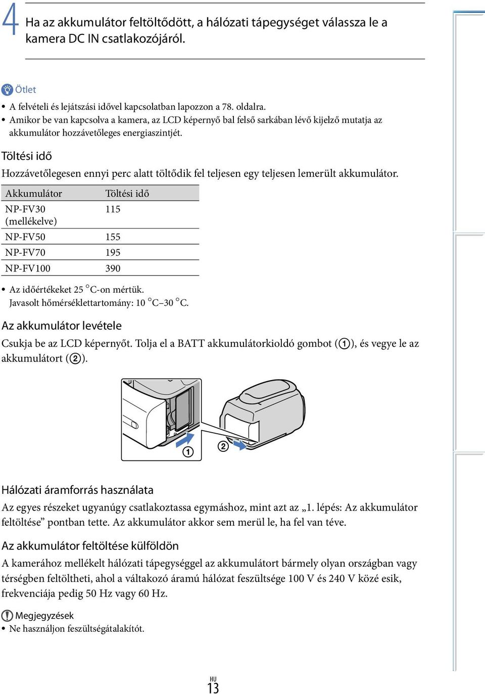 Töltési idő Hozzávetőlegesen ennyi perc alatt töltődik fel teljesen egy teljesen lemerült akkumulátor.