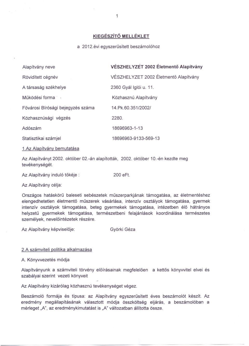 Működési forma Közhasznú Alapítvány Fővárosi Bírósági bejegyzés száma 14.Pk.60.351/2002/ Közhasznúsági végzés 2280. Adószám 18696963-1-13 Statisztikai számjel 18696963-9133-569-13 1.