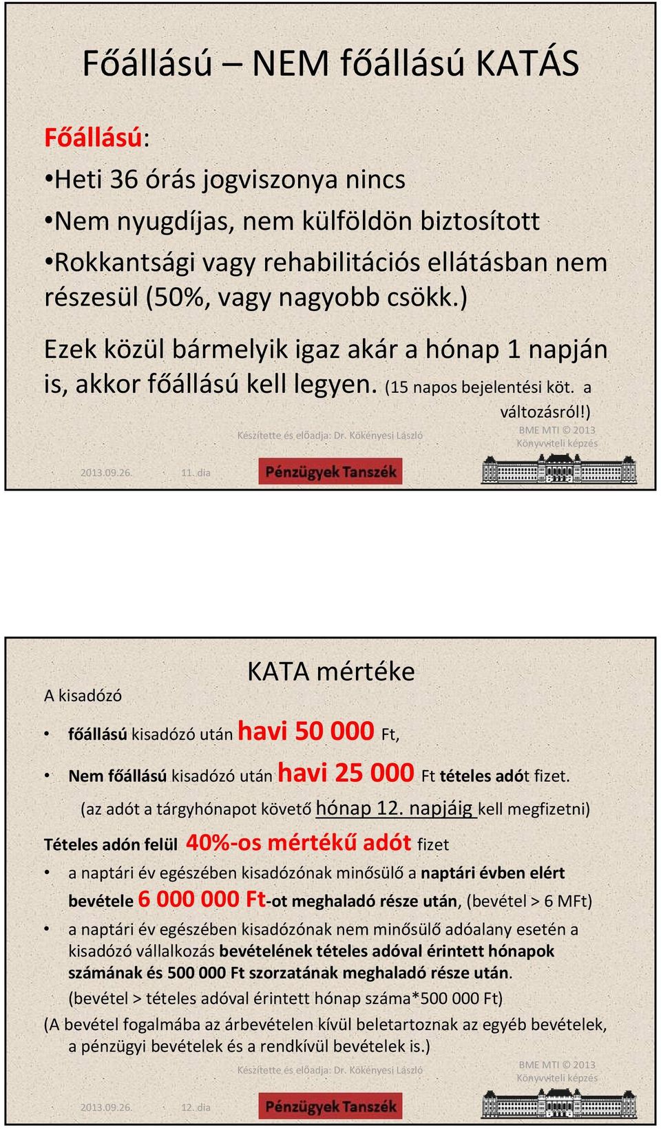 dia A kisadózó KATA mértéke főállású kisadózó után havi 50 000 Ft, Nem főállású kisadózó után havi 25 000 Ft tételes adót fizet. (az adót a tárgyhónapot követő hónap 12.