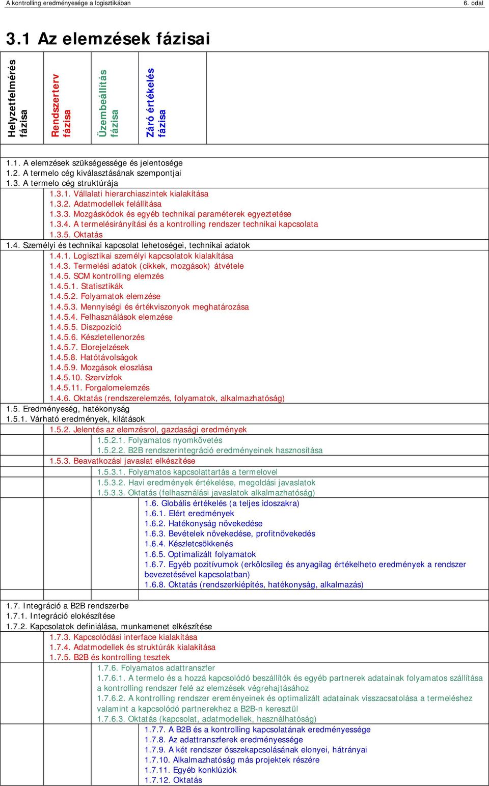 3.4. A termelésirányítási és a kontrolling rendszer technikai kapcsolata 1.3.5. Oktatás 1.4. Személyi és technikai kapcsolat lehetoségei, technikai adatok 1.4.1. Logisztikai személyi kapcsolatok kialakítása 1.