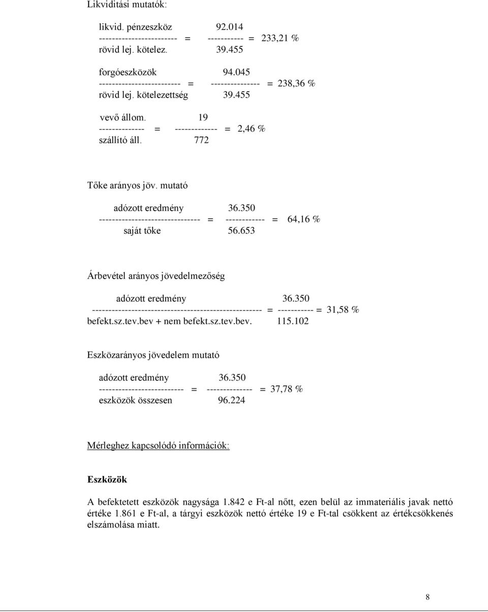 mutató adózott eredmény 36.350 ------------------------------- = ------------ = 64,16 % saját tőke 56.653 Árbevétel arányos jövedelmezőség adózott eredmény 36.