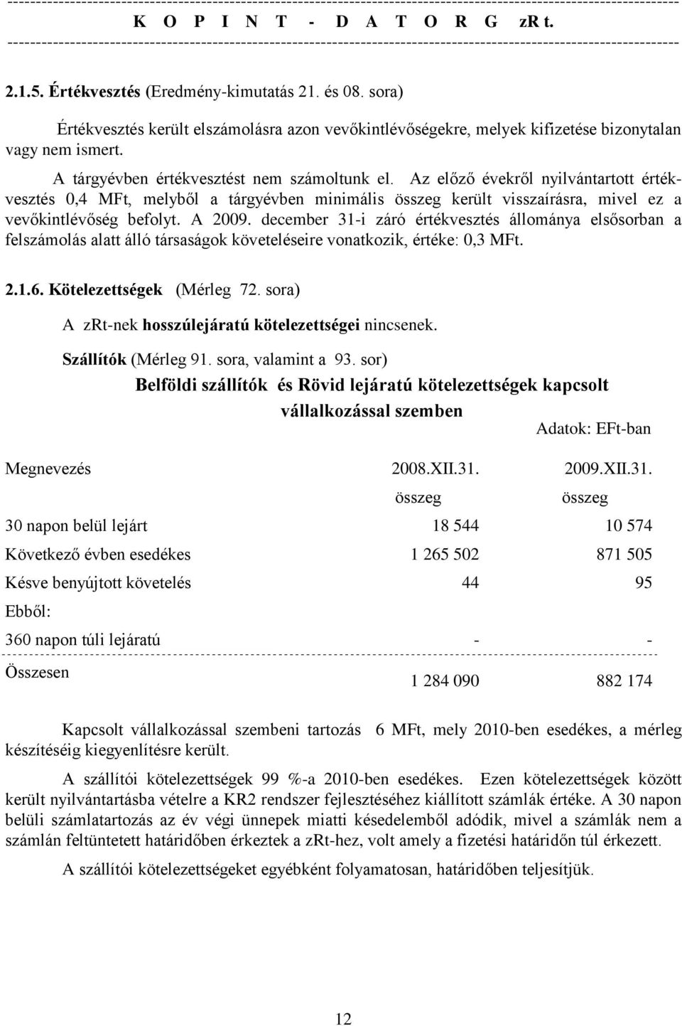 A 2009. december 31-i záró értékvesztés állománya elsősorban a felszámolás alatt álló társaságok követeléseire vonatkozik, értéke: 0,3 MFt. 2.1.6. Kötelezettségek (Mérleg 72.