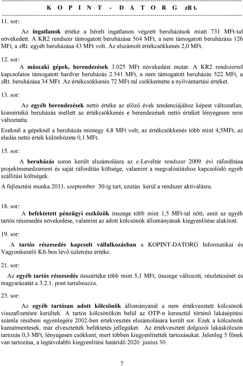 541 MFt, a nem támogatott beruházás 522 MFt, a zrt. beruházása 34 MFt. Az értékcsökkenés 72 MFt-tal csökkentette a nyilvántartási értéket. 13.