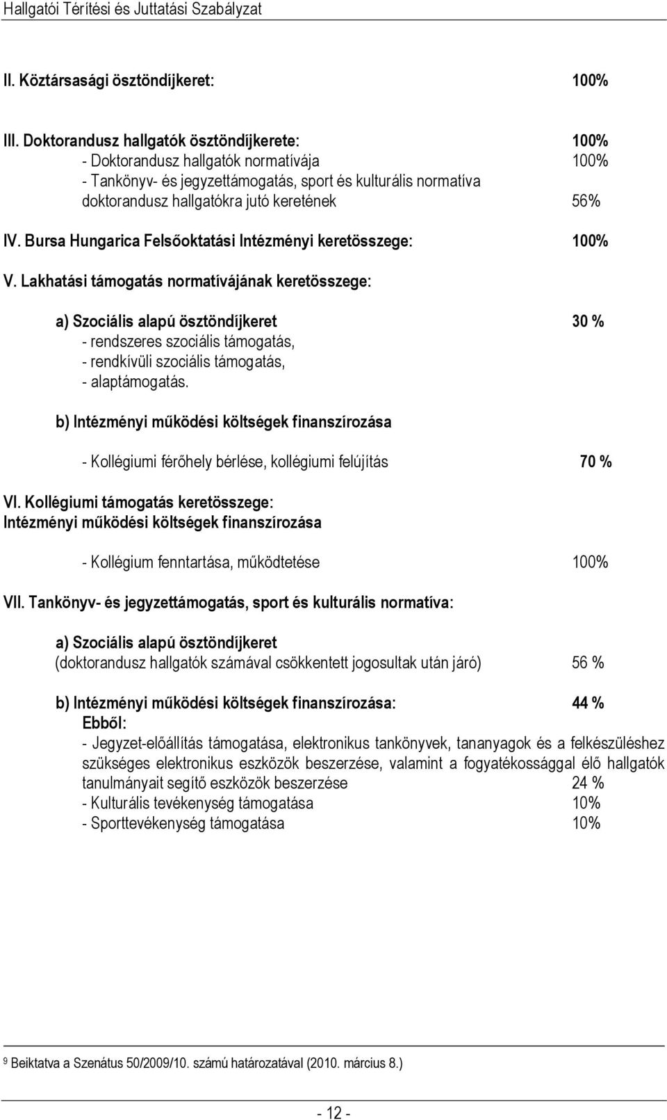 Bursa Hungarica Felsőoktatási Intézményi keretösszege: 100% V.