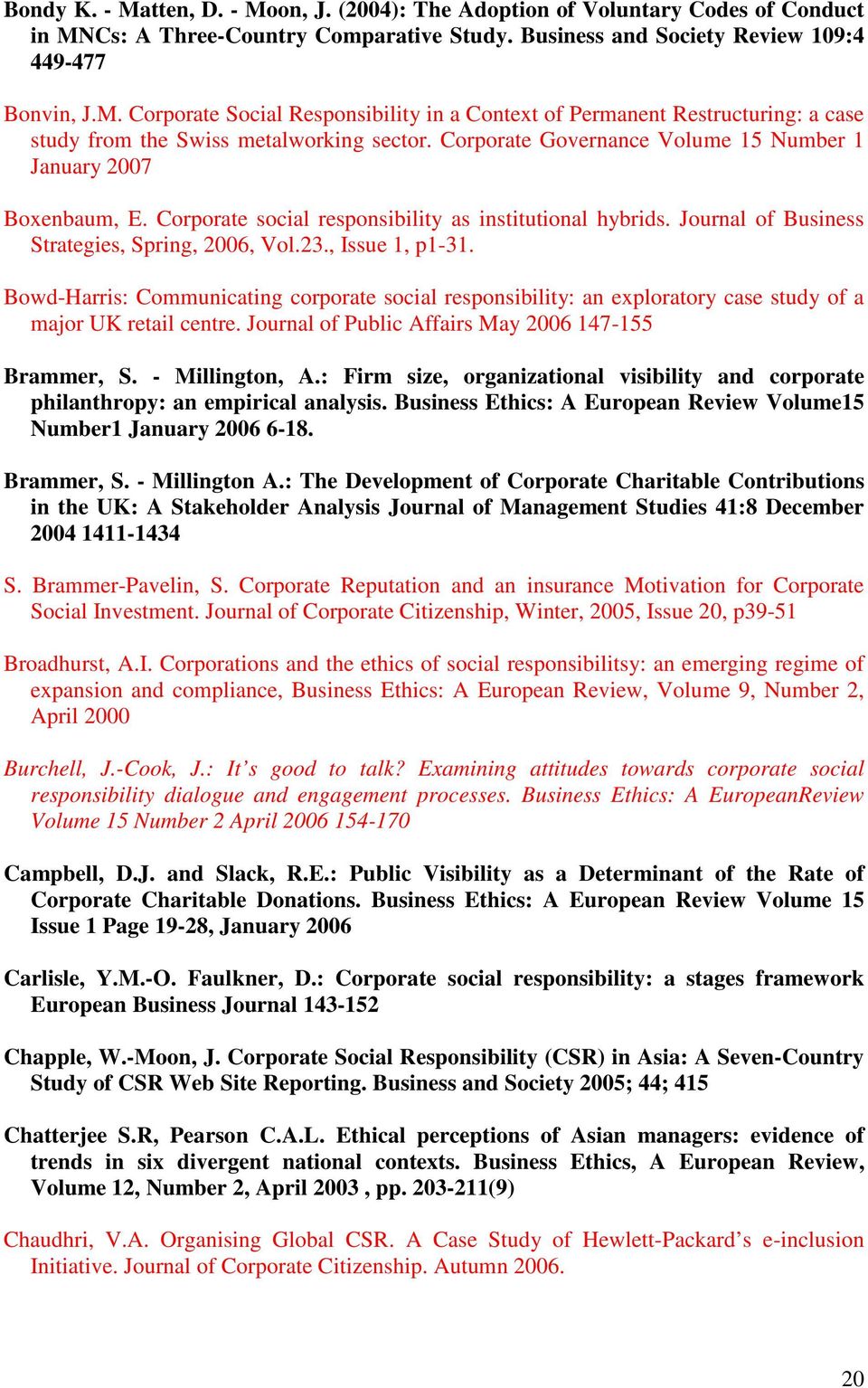 Bowd-Harris: Communicating corporate social responsibility: an exploratory case study of a major UK retail centre. Journal of Public Affairs May 2006 147-155 Brammer, S. - Millington, A.