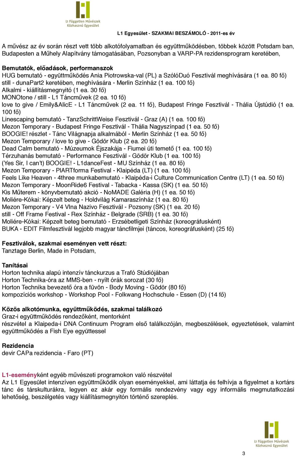 ködés Ania Piotrowska-val (PL) a SzólóDuó Fesztivál meghívására (1 ea. 80 f") still - dunapart2 keretében, meghívására - Merlin Színház (1 ea. 100 f") Alkalmi - kiállításmegnyitó (1 ea.