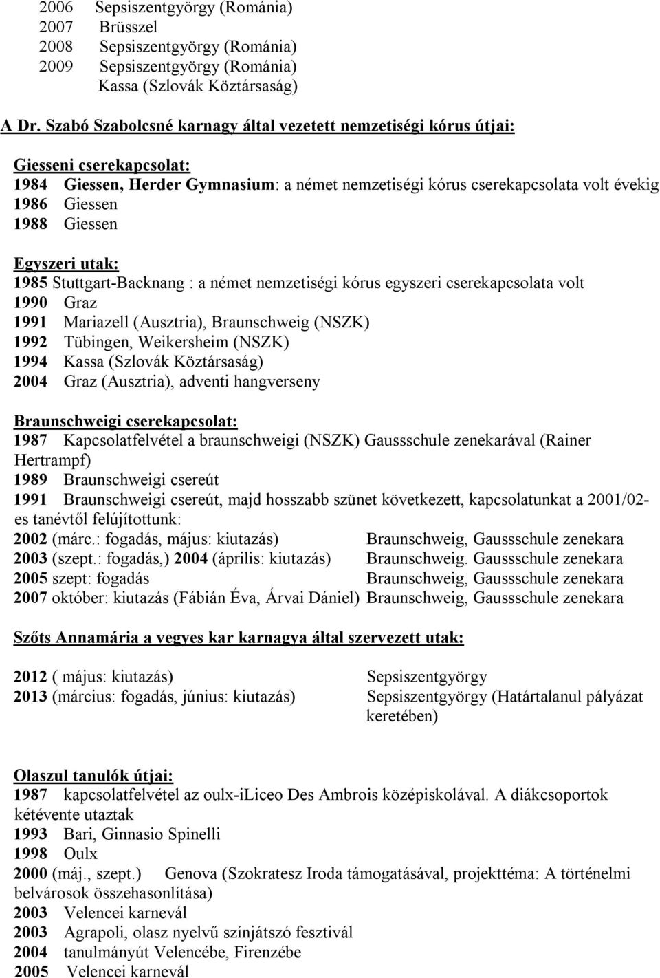 Giessen Egyszeri utak: 1985 Stuttgart-Backnang : a német nemzetiségi kórus egyszeri cserekapcsolata volt 1990 Graz 1991 Mariazell (Ausztria), Braunschweig (NSZK) 1992 Tübingen, Weikersheim (NSZK)