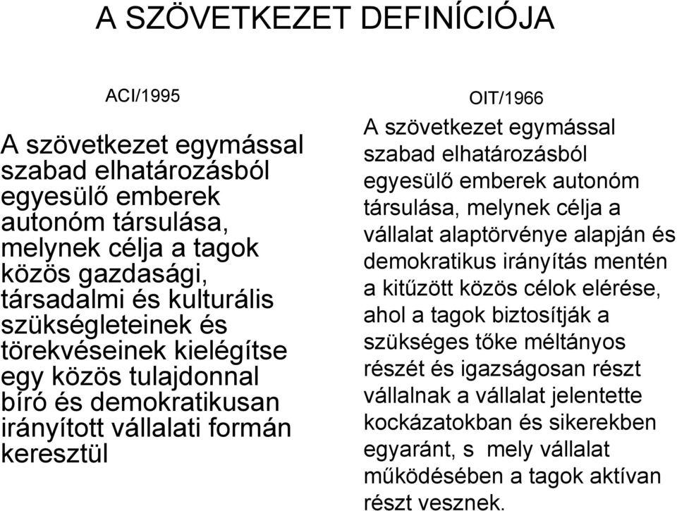 elhatározásból egyesülő emberek autonóm társulása, melynek célja a vállalat alaptörvénye alapján és demokratikus irányítás mentén a kitűzött közös célok elérése, ahol a tagok