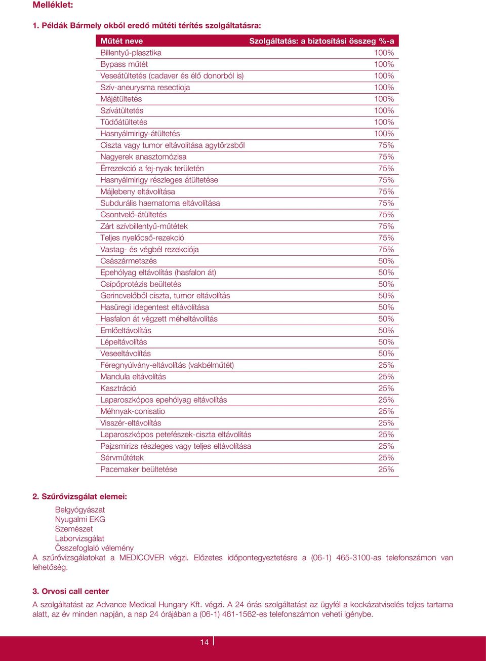 Szív-aneurysma resectioja 100% Májátültetés 100% Szívátültetés 100% Tüdôátültetés 100% Hasnyálmirigy-átültetés 100% Ciszta vagy tumor eltávolítása agytörzsbôl 75% Nagyerek anasztomózisa 75%