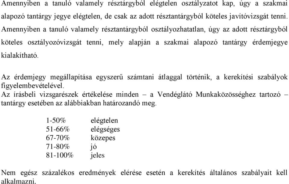 Az érdemjegy megállapítása egyszerű számtani átlaggal történik, a kerekítési szabályok figyelembevételével.