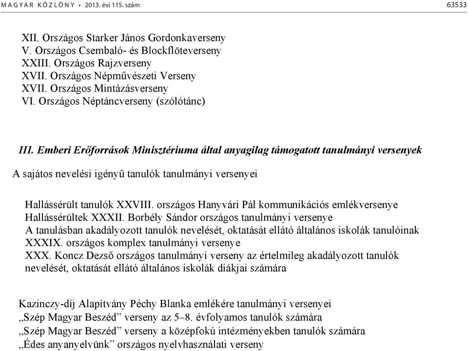 Emberi Er források Minisztériuma által anyagilag támogatott tanulmányi versenyek A sajátos nevelési igény tanulók tanulmányi versenyei Hallássérült tanulók XXVIII.