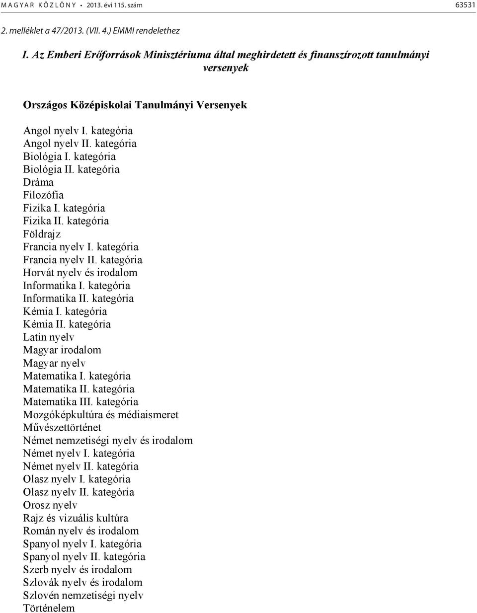 kategória Biológia II. kategória Dráma Filozófia Fizika I. kategória Fizika II. kategória Földrajz Francia nyelv I. kategória Francia nyelv II. kategória Horvát nyelv és irodalom Informatika I.