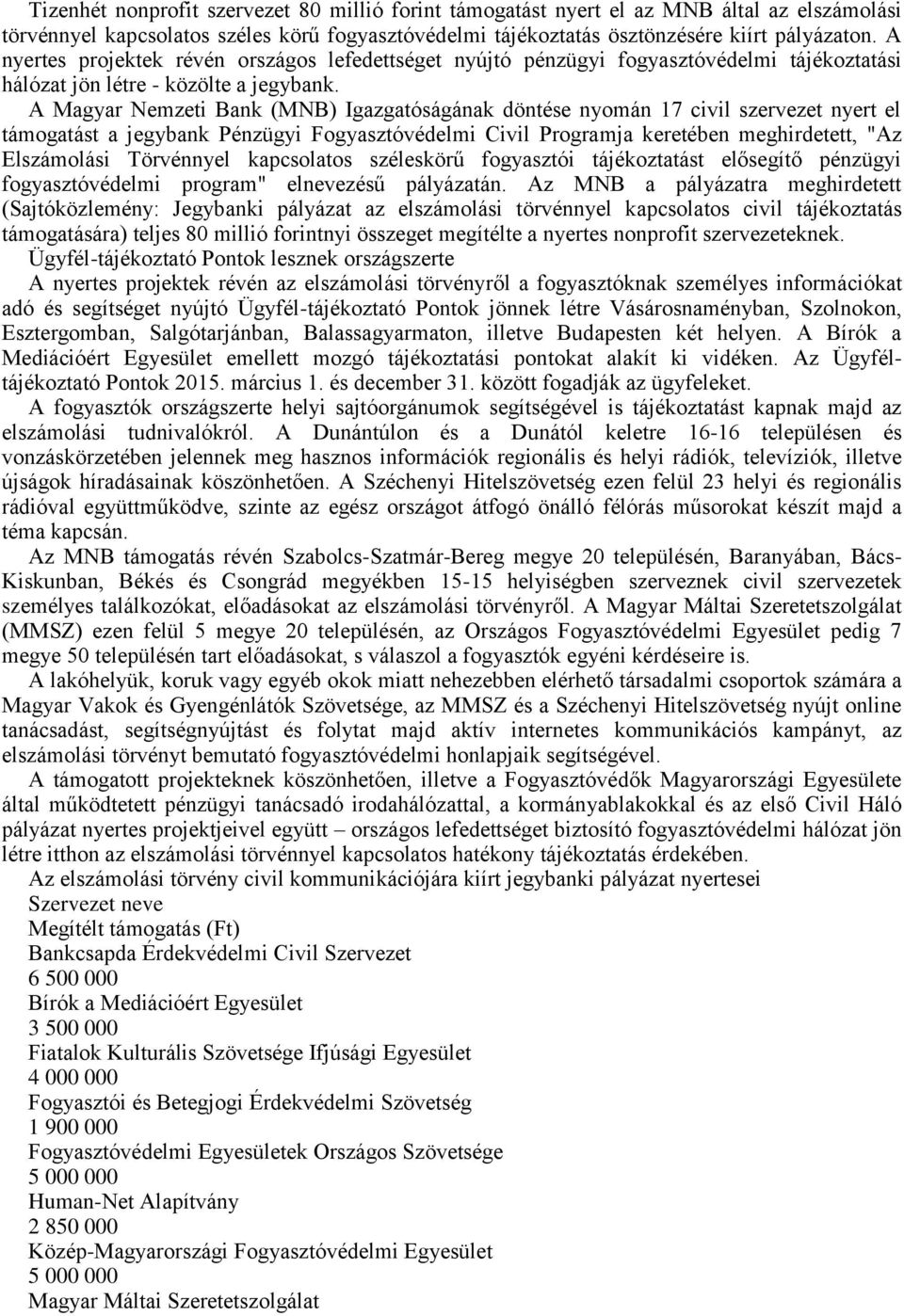 A Magyar Nemzeti Bank (MNB) Igazgatóságának döntése nyomán 17 civil szervezet nyert el támogatást a jegybank Pénzügyi Fogyasztóvédelmi Civil Programja keretében meghirdetett, "Az Elszámolási