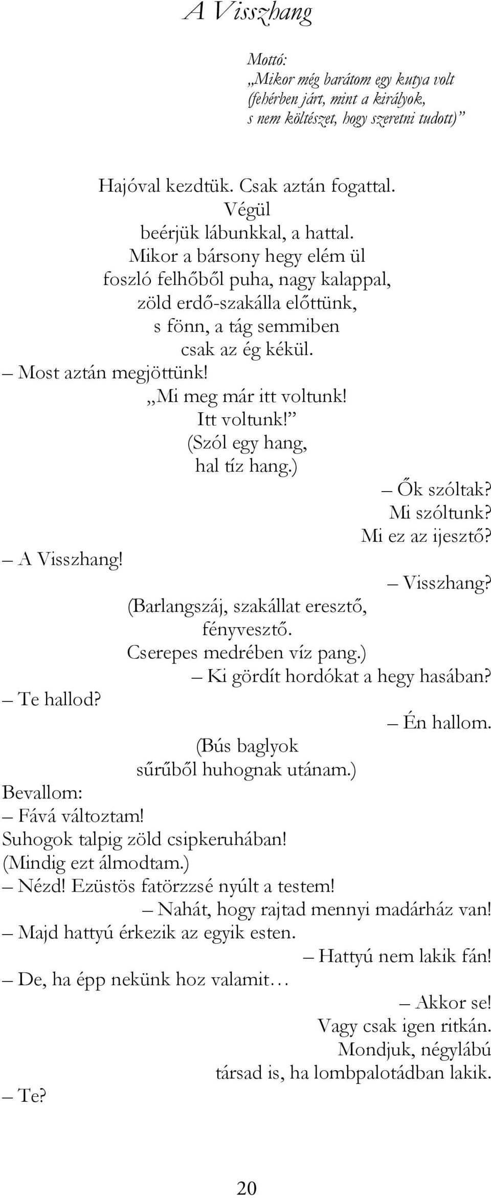 (Szól egy hang, hal tíz hang.) Ők szóltak? Mi szóltunk? Mi ez az ijesztő? A Visszhang! Visszhang? (Barlangszáj, szakállat eresztő, fényvesztő. Cserepes medrében víz pang.