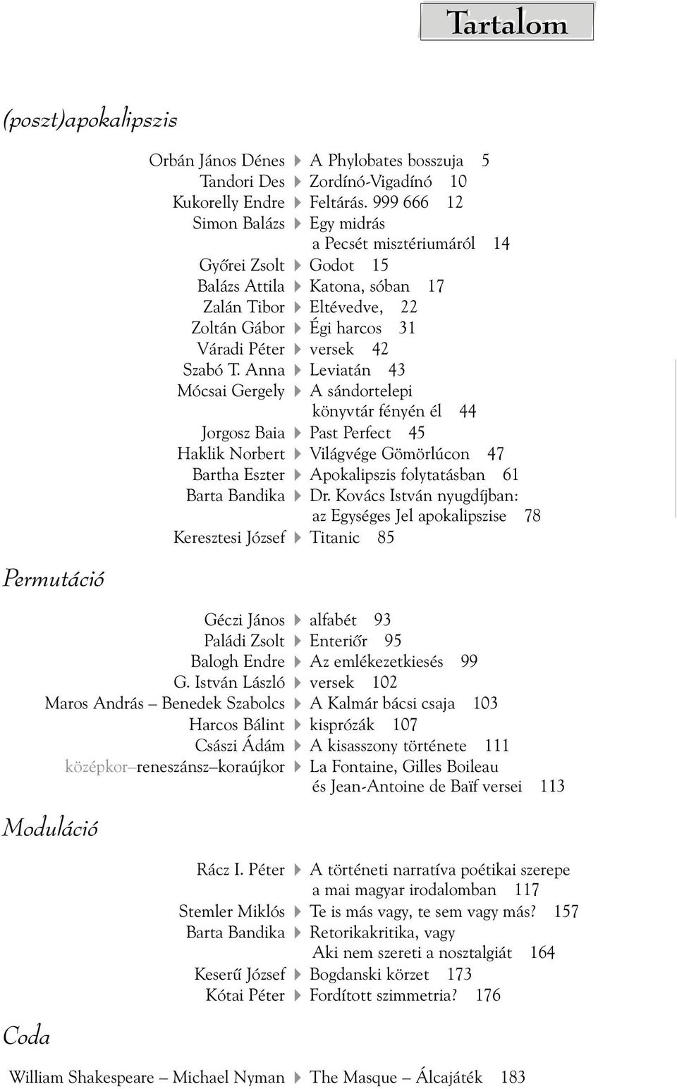 Anna Leviatán 43 Mócsai Gergely A sándortelepi könyvtár fényén él 44 Jorgosz Baia Past Perfect 45 Haklik Norbert Világvége Gömörlúcon 47 Bartha Eszter Apokalipszis folytatásban 61 Barta Bandika Dr.