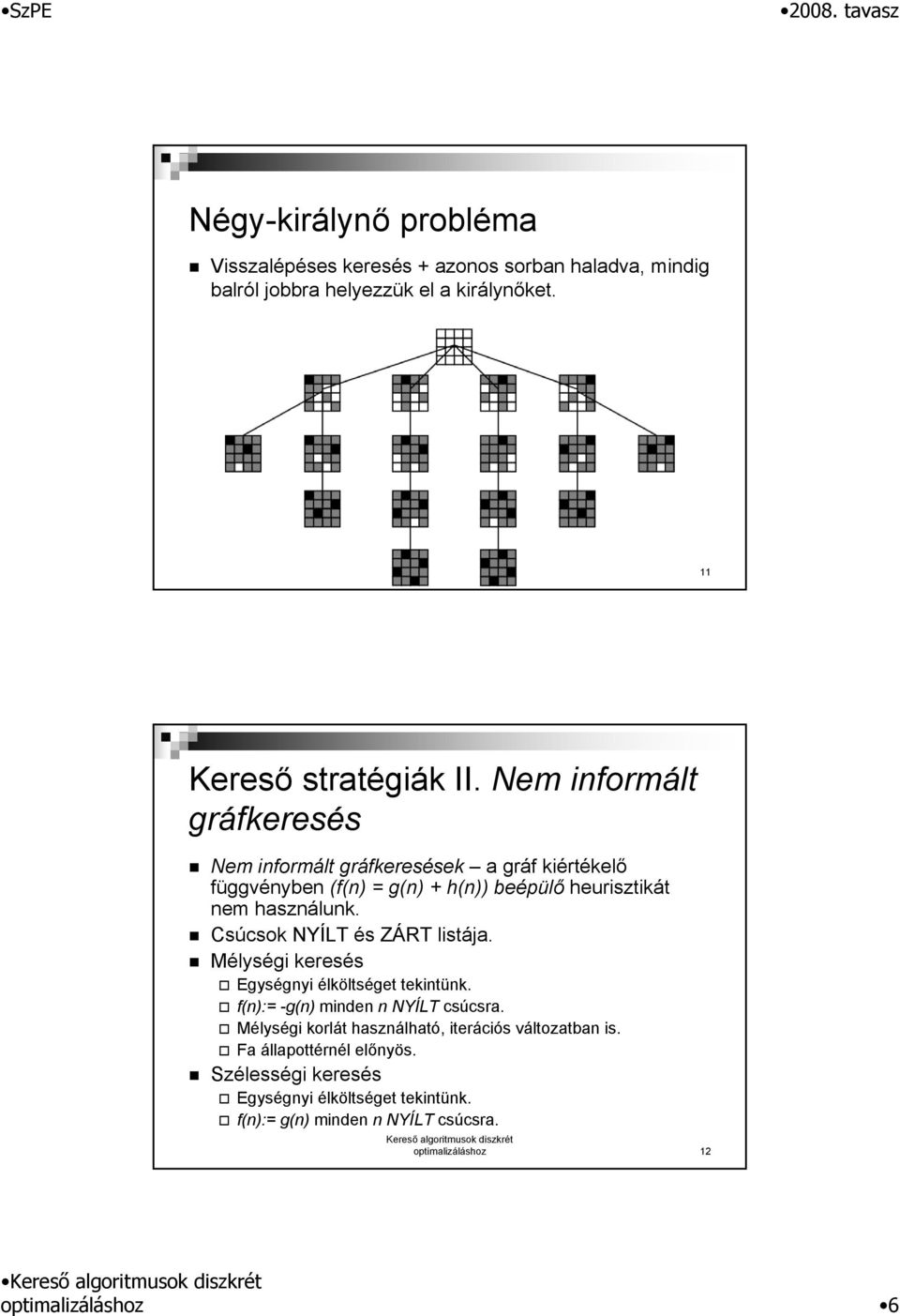 Nem informált gráfkeresés Nem informált gráfkeresések a gráf kiértékelő függvényben (f(n) = g(n) + h(n)) beépülő heurisztikát nem használunk.