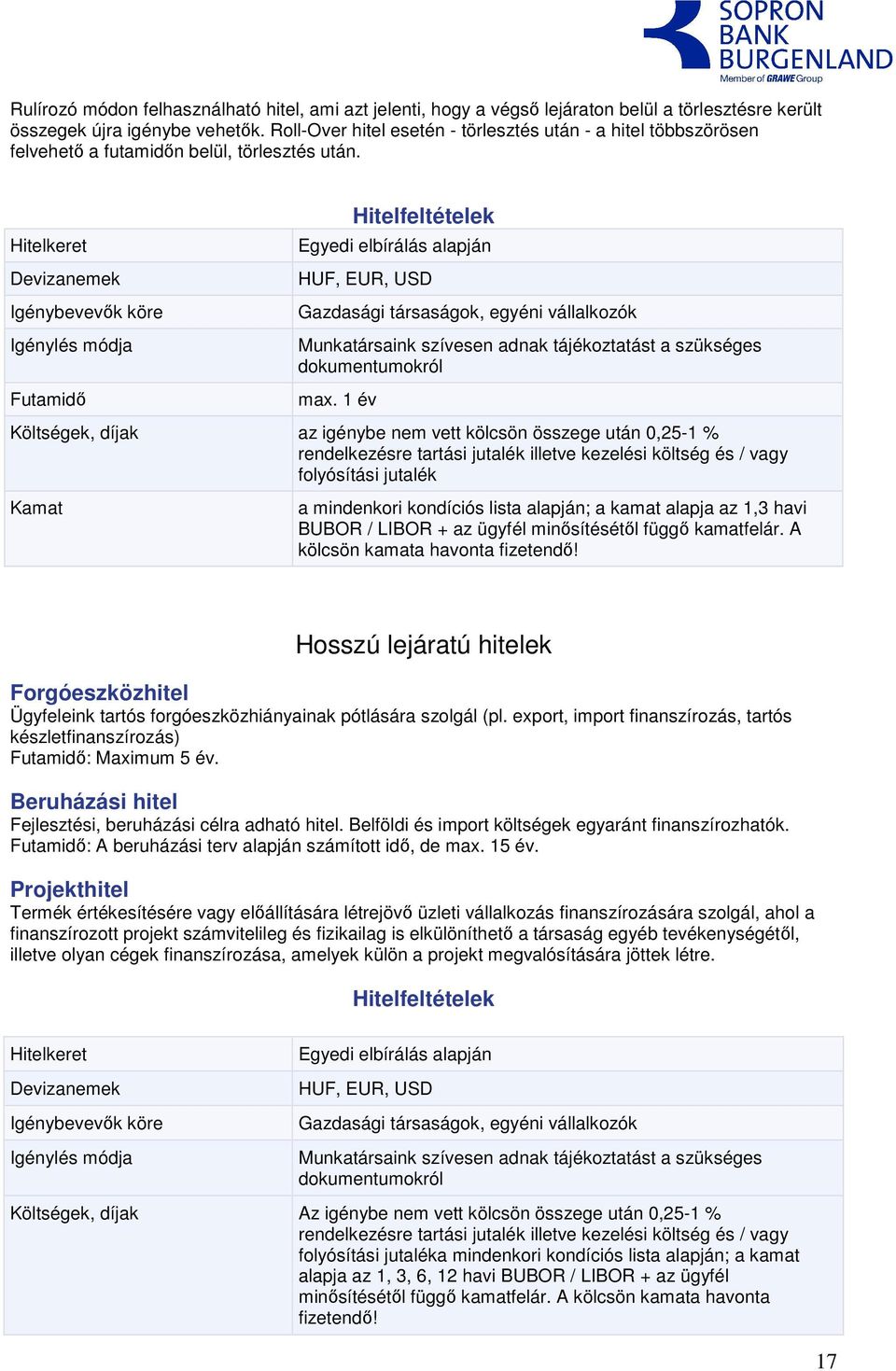 Hitelkeret Devizanemek Igénybevevık köre Igénylés módja Futamidı Hitelfeltételek Egyedi elbírálás alapján HUF, EUR, USD Gazdasági társaságok, egyéni vállalkozók Munkatársaink szívesen adnak