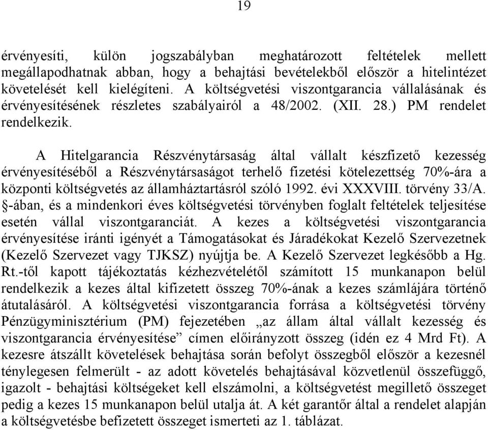 A Hitelgarancia Részvénytársaság által vállalt készfizető kezesség érvényesítéséből a Részvénytársaságot terhelő fizetési kötelezettség 70%-ára a központi költségvetés az államháztartásról szóló 1992.