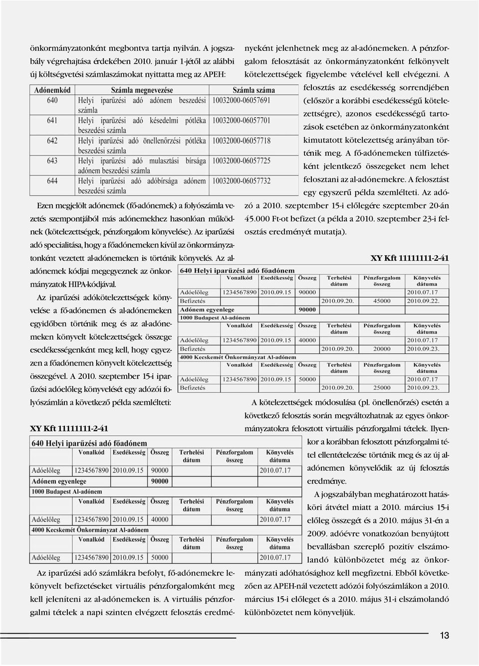 (kötelezettségek, pénzforgalom könyvelése). Az iparûzési adó specialitása, hogy a fôadónemeken kívül az önkormányzatonként vezetett al-adónemeken is történik könyvelés.