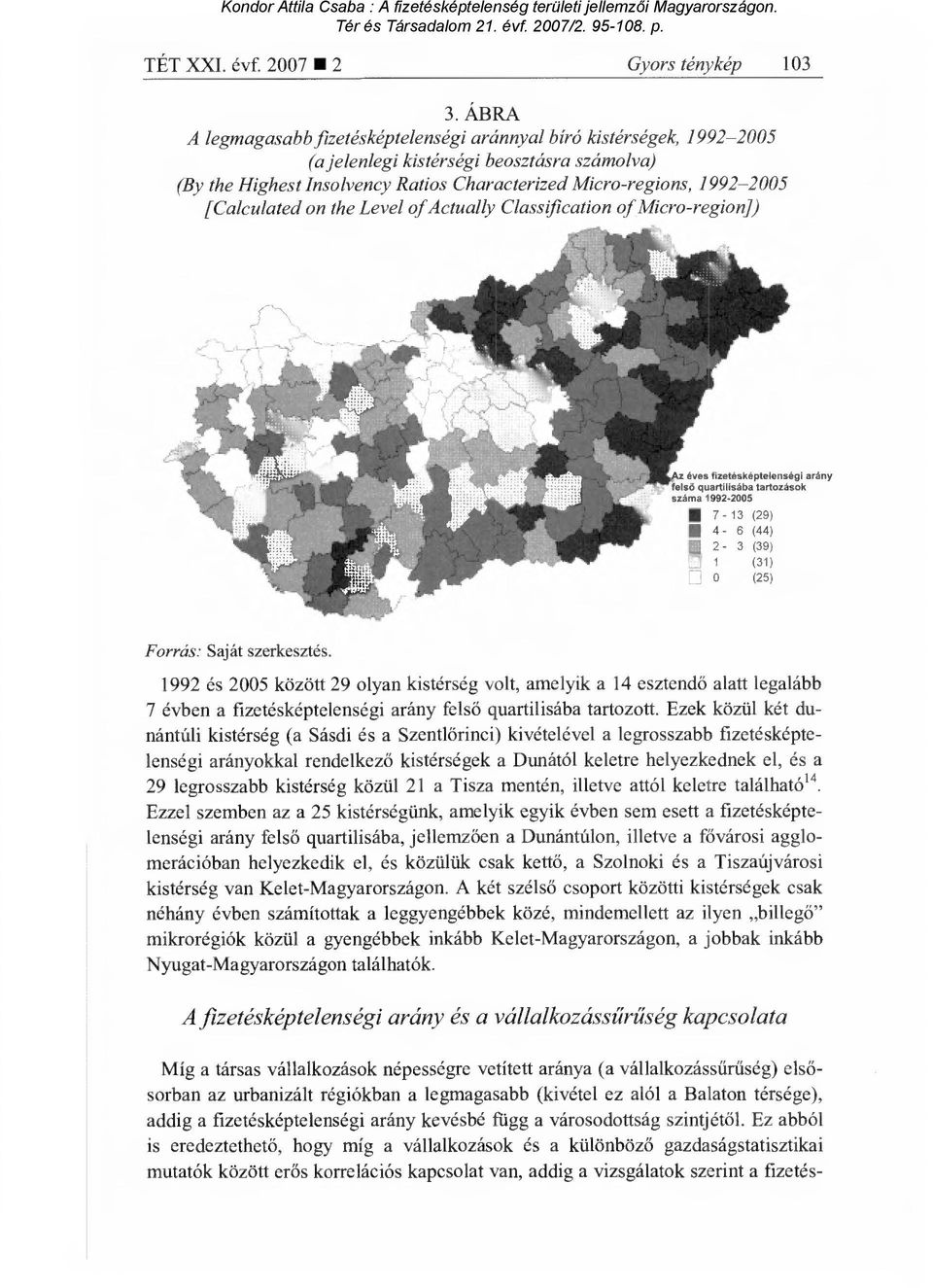 lrakulated on the Level of Actually Classification of Micro-regionl) Az éves fizetésképtelensegi arány felső quartilisába tartozások száma 1992-2005 7-13 (29) 4-6 (44) 2-3 (39) El 1 (31) E] 0 (25)