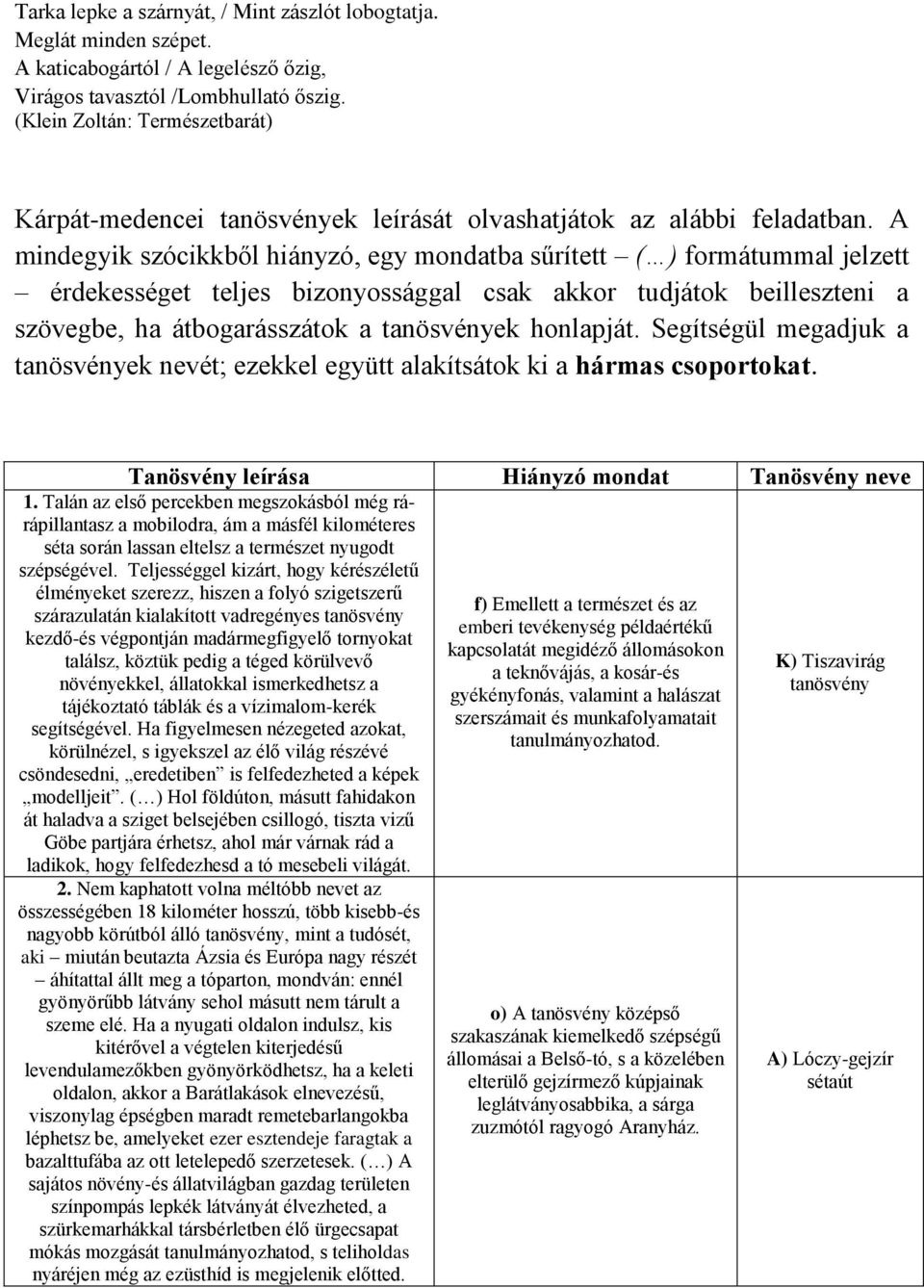 A mindegyik szócikkből hiányzó, egy mondatba sűrített ( ) formátummal jelzett érdekességet teljes bizonyossággal csak akkor tudjátok beilleszteni a szövegbe, ha átbogarásszátok a tanösvények