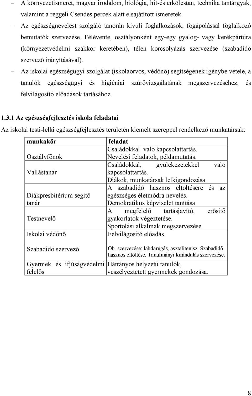 Félévente, osztályonként egy-egy gyalog- vagy kerékpártúra (környezetvédelmi szakkör keretében), télen korcsolyázás szervezése (szabadidő szervező irányításával).