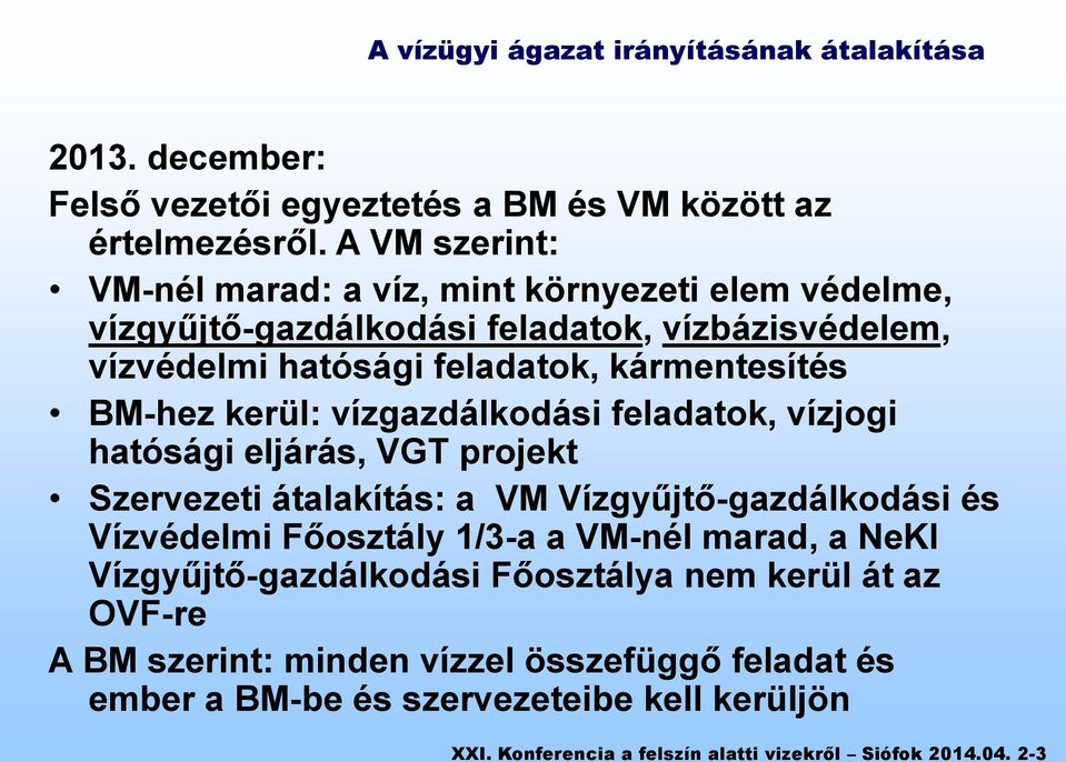 feladatok, kármentesítés BM-hez kerül: vízgazdálkodási feladatok, vízjogi hatósági eljárás, VGT projekt Szervezeti átalakítás: a VM