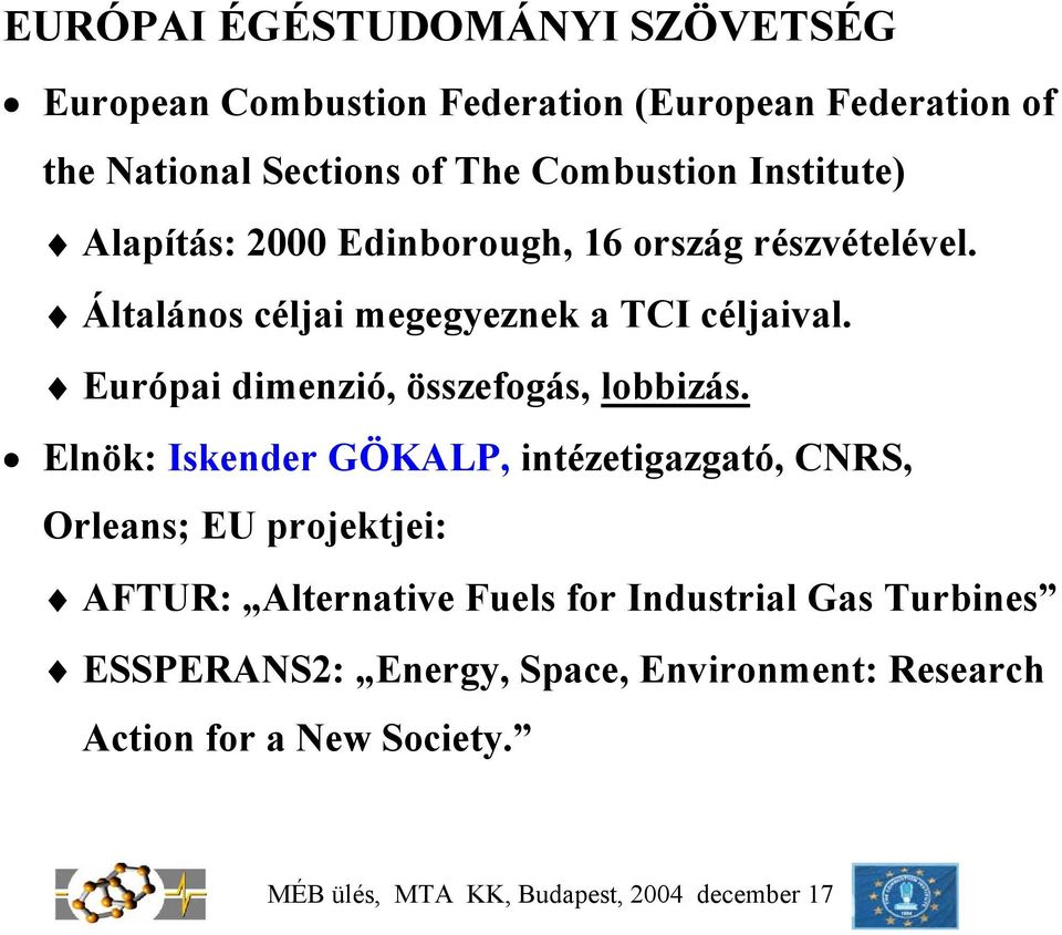 Általános céljai megegyeznek a TCI céljaival. Európai dimenzió, összefogás, lobbizás.