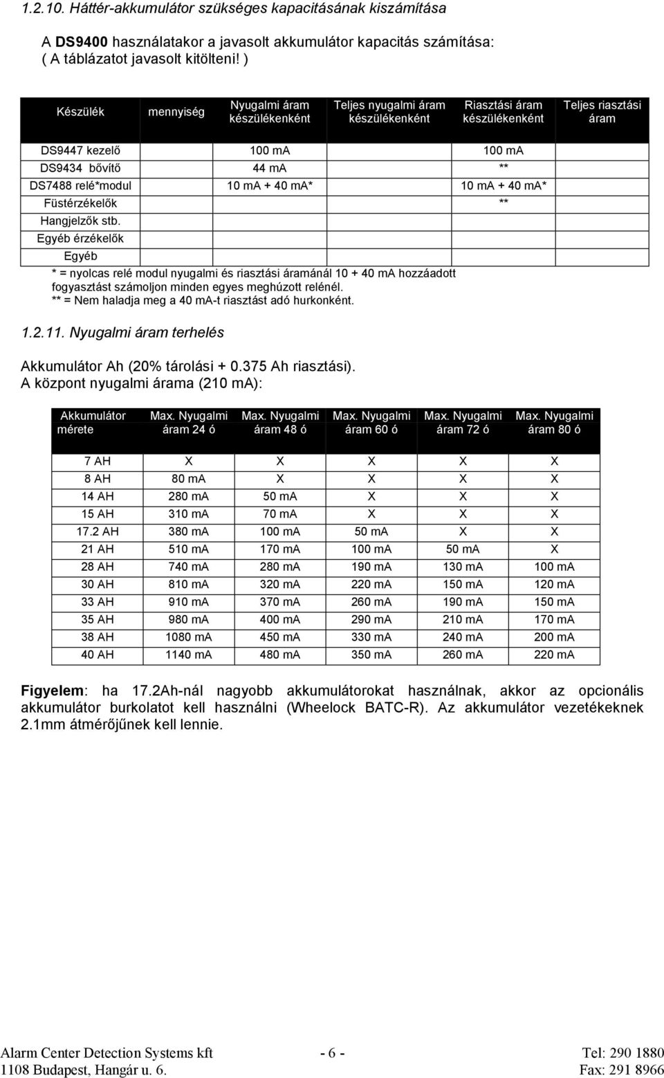 DS9434 bővítő 44 ma ** DS7488 relé*modul 10 ma + 40 ma* 10 ma + 40 ma* Füstérzékelők ** Hangjelzők stb.