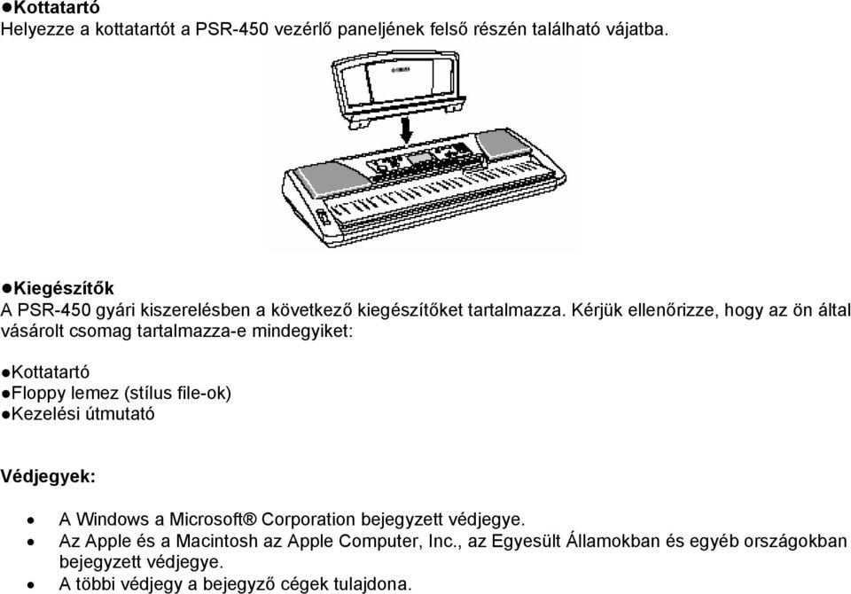 Kérjük ellenőrizze, hogy az ön által vásárolt csomag tartalmazza-e mindegyiket: Kottatartó Floppy lemez (stílus file-ok) Kezelési