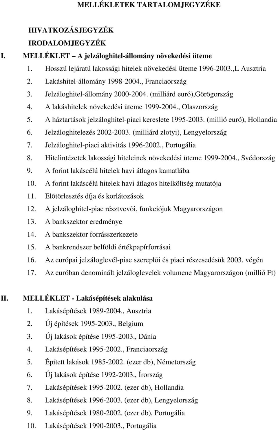 A háztartások jelzáloghitel-piaci kereslete 1995-2003. (millió euró), Hollandia 6. Jelzáloghitelezés 2002-2003. (milliárd zlotyi), Lengyelország 7. Jelzáloghitel-piaci aktivitás 1996-2002.