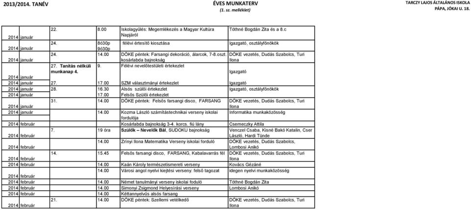 00 DÖKE péntek: Felsős farsangi disco, FARSANG 14.00 Kozma László számítástechnikai verseny iskolai fordulója Informatika munkaközösség Kosárlabda bajnokság 3-4. korcs. fiú lány Cserneczky Attila 7.