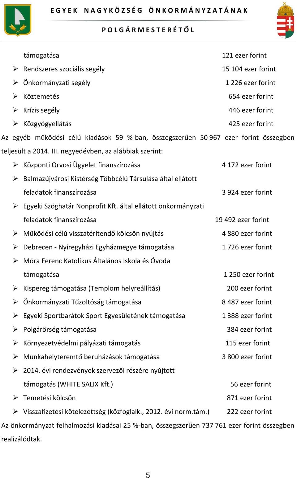 negyedévben, az alábbiak szerint: Központi Orvosi Ügyelet finanszírozása 4 172 ezer forint Balmazújvárosi Kistérség Többcélú Társulása által ellátott feladatok finanszírozása 3 924 ezer forint Egyeki