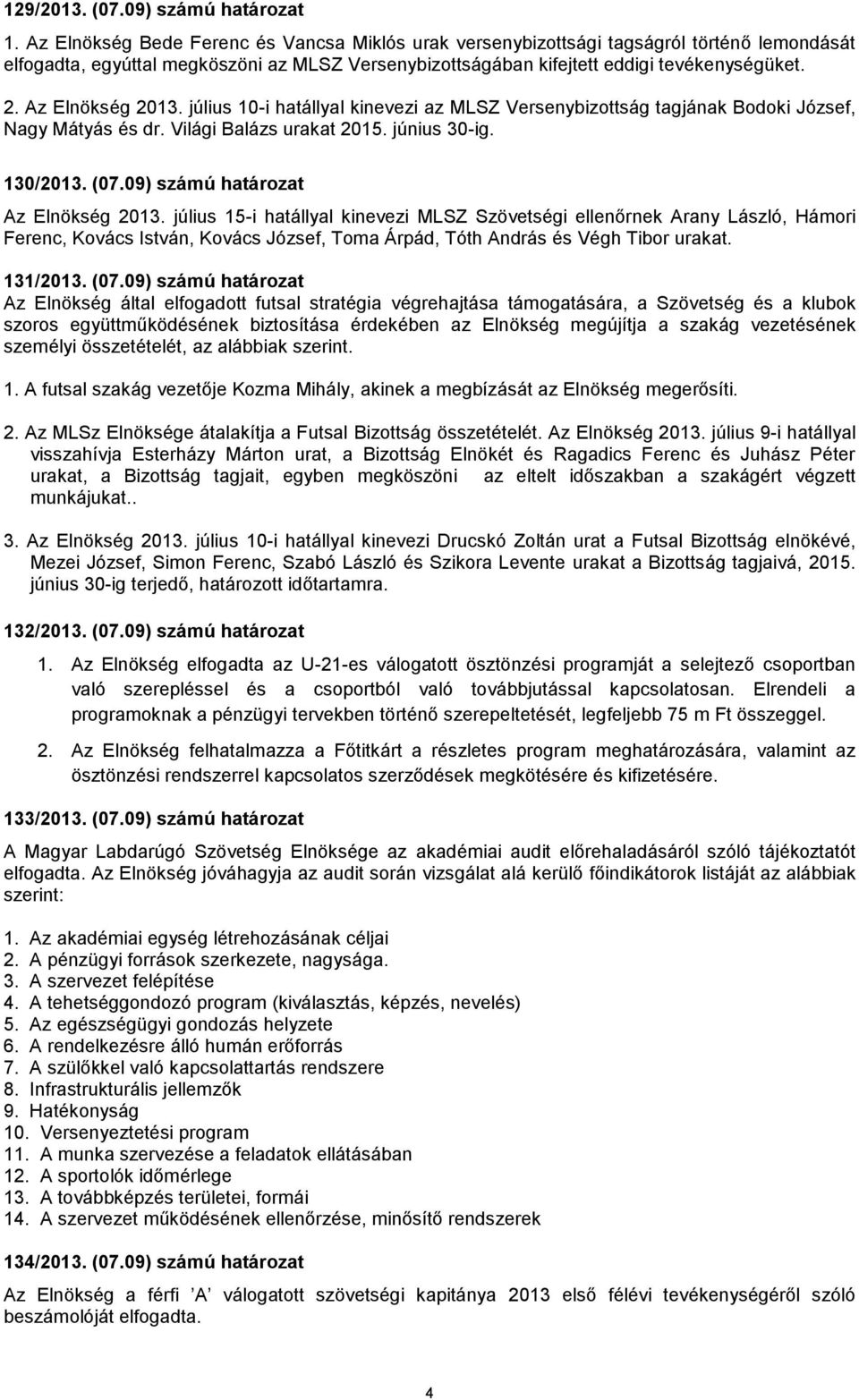 Az Elnökség 2013. július 10-i hatállyal kinevezi az MLSZ Versenybizottság tagjának Bodoki József, Nagy Mátyás és dr. Világi Balázs urakat 2015. június 30-ig. 130/2013. (07.