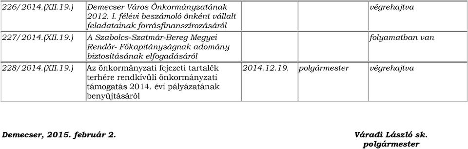 Főkapitányságnak adomány biztosításának elfogadásáról Az önkormányzati fejezeti tartalék terhére rendkívüli