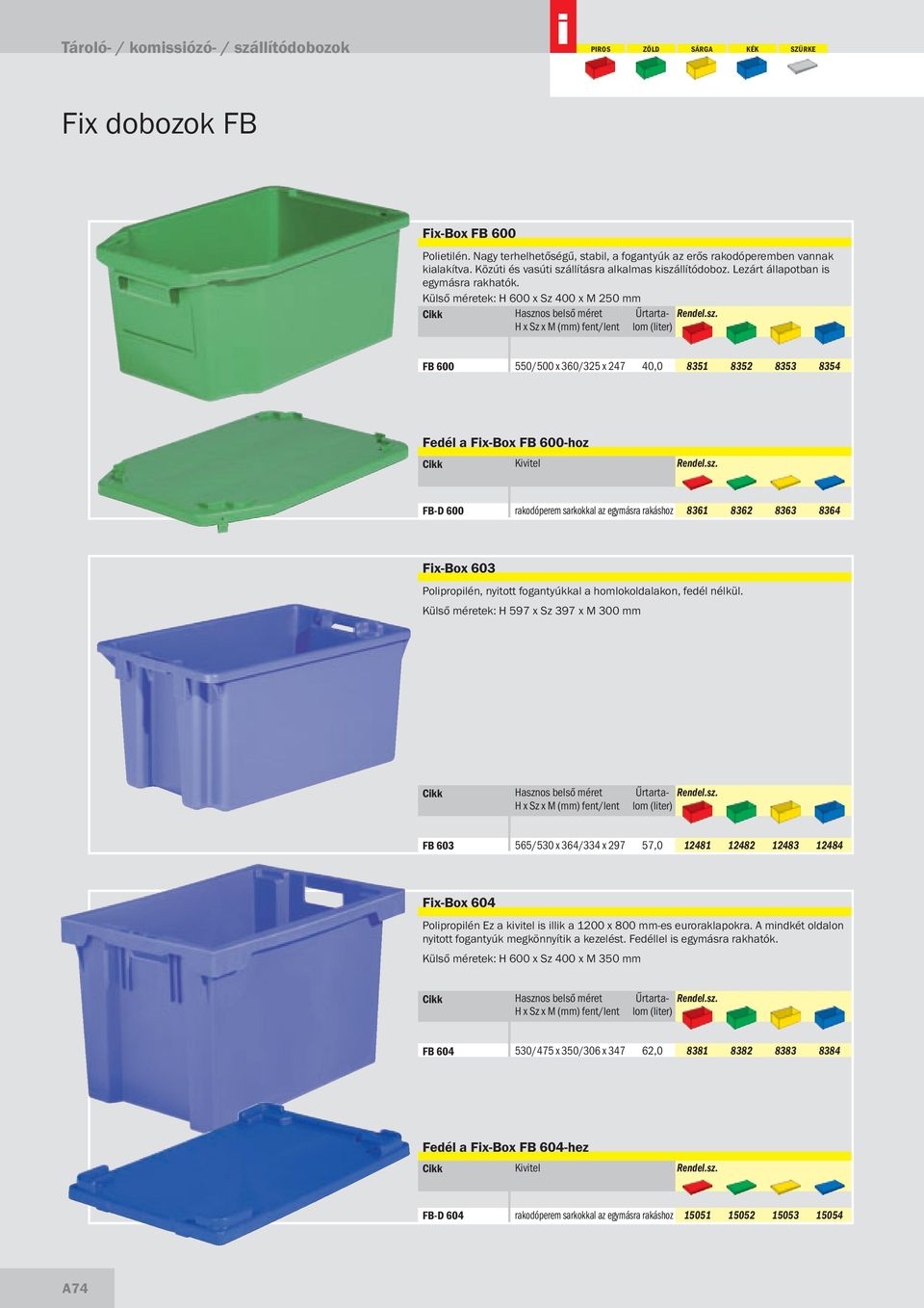 Külső méretek: H 600 x Sz 400 x M 250 mm FB 600 550/500 x 360/325 x 247 40,0 8351 8352 8353 8354 Fedél a Fix-Box FB 600-hoz Kivitel FB-D 600 rakodóperem sarkokkal az egymásra rakáshoz 8361 8362 8363
