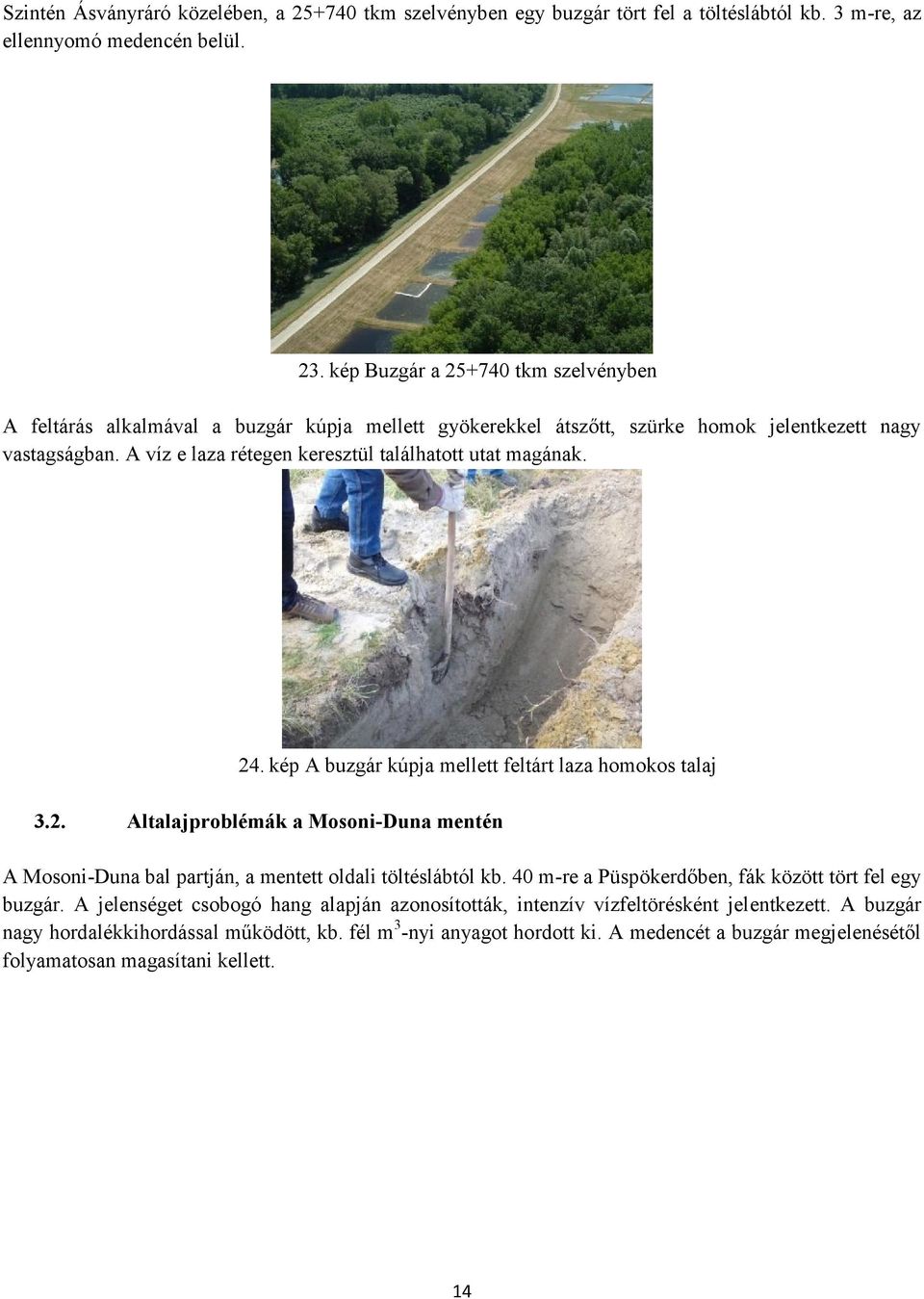 A víz e laza rétegen keresztül találhatott utat magának. 24. kép A buzgár kúpja mellett feltárt laza homokos talaj 3.2. Altalajproblémák a Mosoni-Duna mentén A Mosoni-Duna bal partján, a mentett oldali töltéslábtól kb.